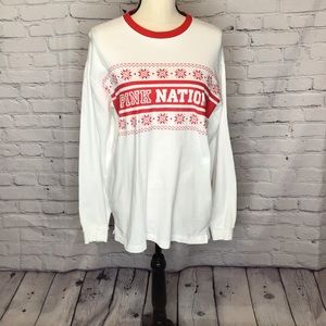 PINK Victoria’s Secret White Long Sleeve Crewneck Tee Red Pink Nation Graphic S